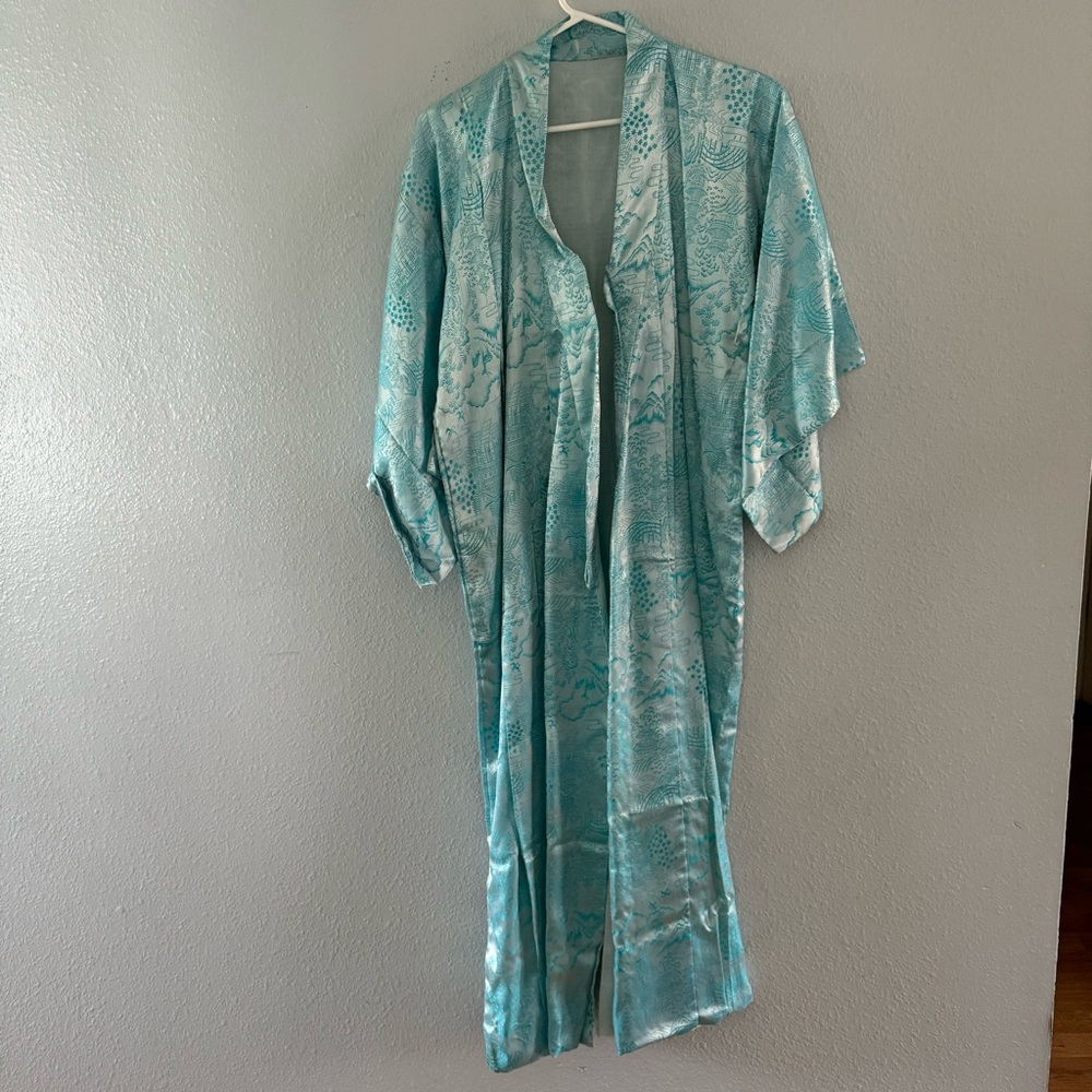 Vintage Japanese Kimono Robe Turquoise Blue Small? Brocade Satin Traditional